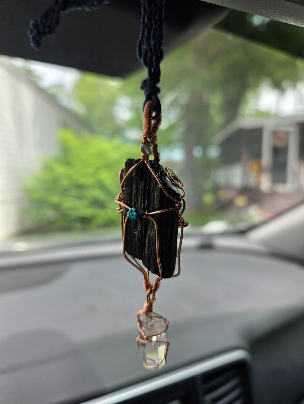Copper Auto Rear View Mirror Pendant. Black Tourmaline, Clear Crystal Quartz